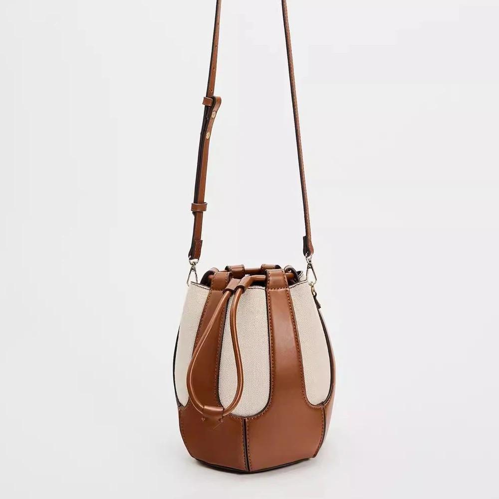 Canvas Drawstring Bucket Bag for Women Designer Handbags Luxury Shoulder Bags Crossbody Bags Phone Clutch Patchwork