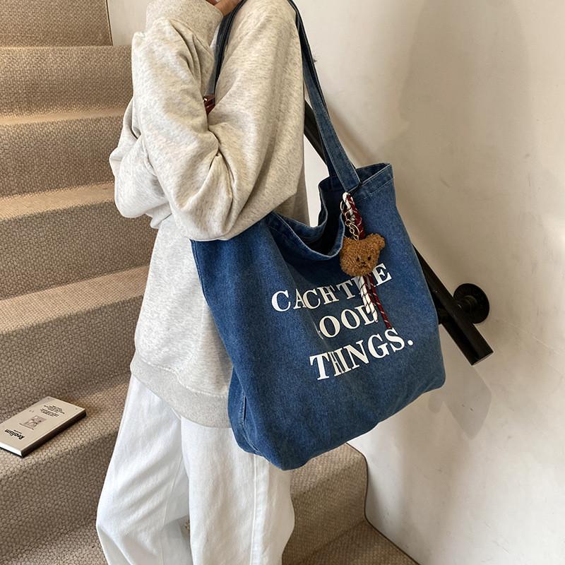 Denim Tote Bag For Women With Double Shoulder Straps Large Capacity Crossbody Style