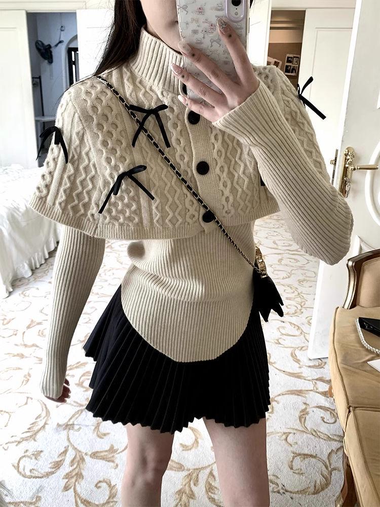 Maillard Style Women's Slim Fit Poncho Cape Bow Knitwear for Autumn/Winter