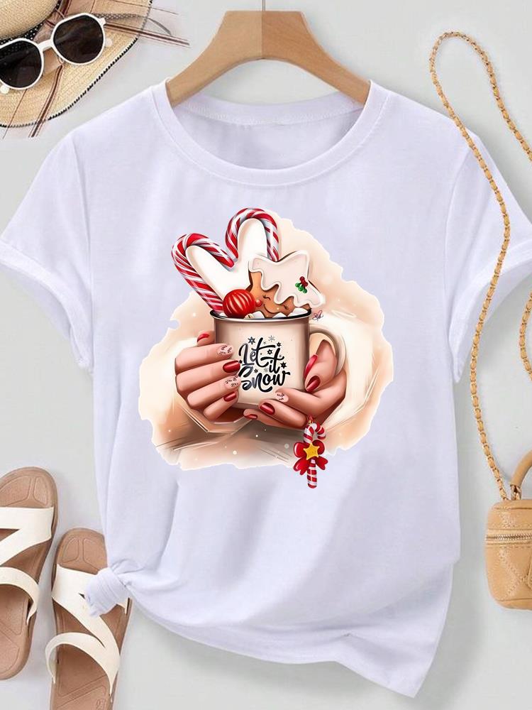 (Asian Size) Lovely Watercolor Cute Merry Christmas New Year Women's Top T Tee Festival O-neck Clothing Print Fashion Ladies Graphic T-shirts