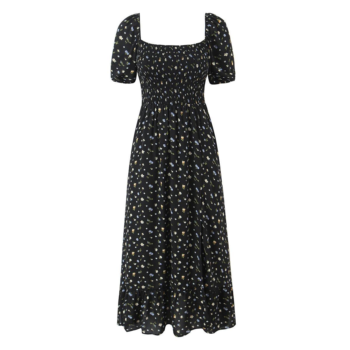 European and American style new women s fashionable small floral print square neck puff sleeve slit dress S