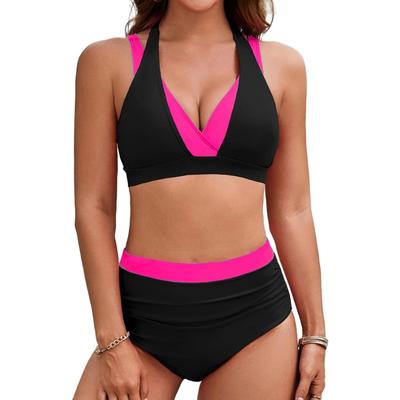 Vintage Black Patchwork Bikini Set 2025 Women Double Strap V Neck Push Up Pleate High Waist Swimsuit Beach Bathing Suit Swimwear