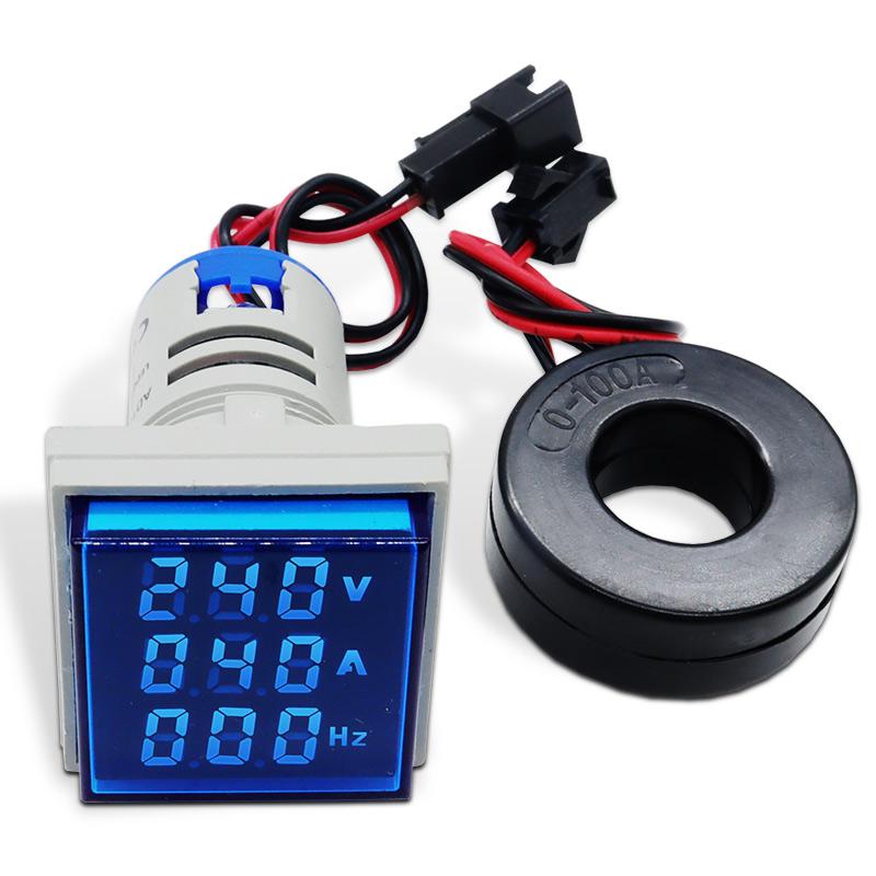 Digital 22mm AC50-380V Volt 0-100A 0-99HZ Voltmeter Ammeter Current Hertz Voltage Meter LED Indicator Lamp Pilot Light