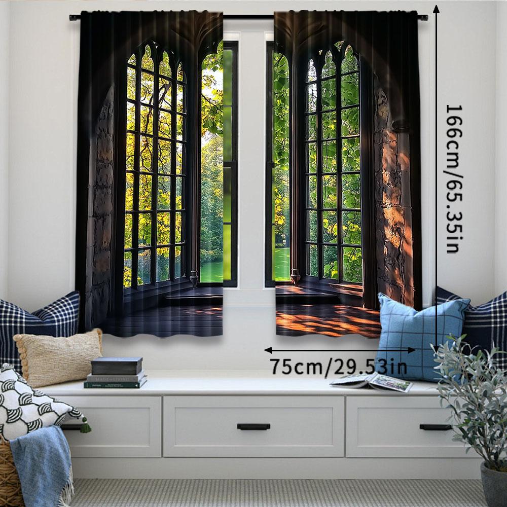 2Pcs French Window Landscape Glass Curtains Natural Green Scenery Outside The Window For Bedroom Bathroom Living Room Dining