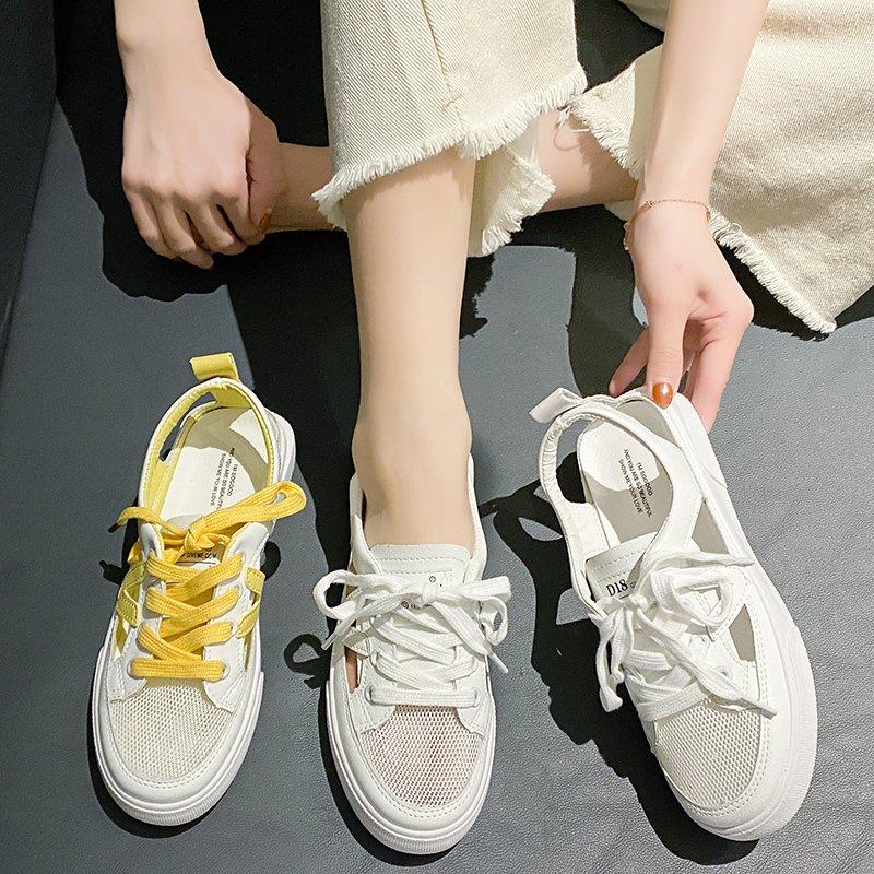 New Women's White Casual Shoes Fish-mouth Sandals Metal Decorative Transparent Breathable Mesh Shoes Large Zapatos Para Mujer