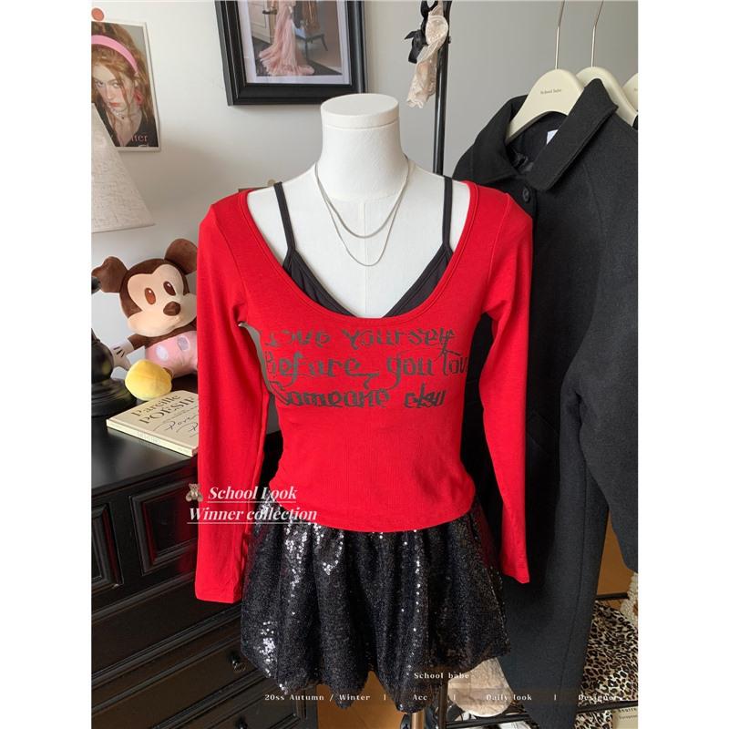 

Сладкая и острая многослойная футболка: Женский осенний 2024, с длинным рукавом, с принтом в виде букв, облегающий, с эффектом костюма-двойки One Size