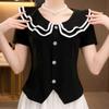 Female Summer French Short Sleeved Doll Collar Waist Cinched T-shirt with Slimming Unique and A Stylish Top