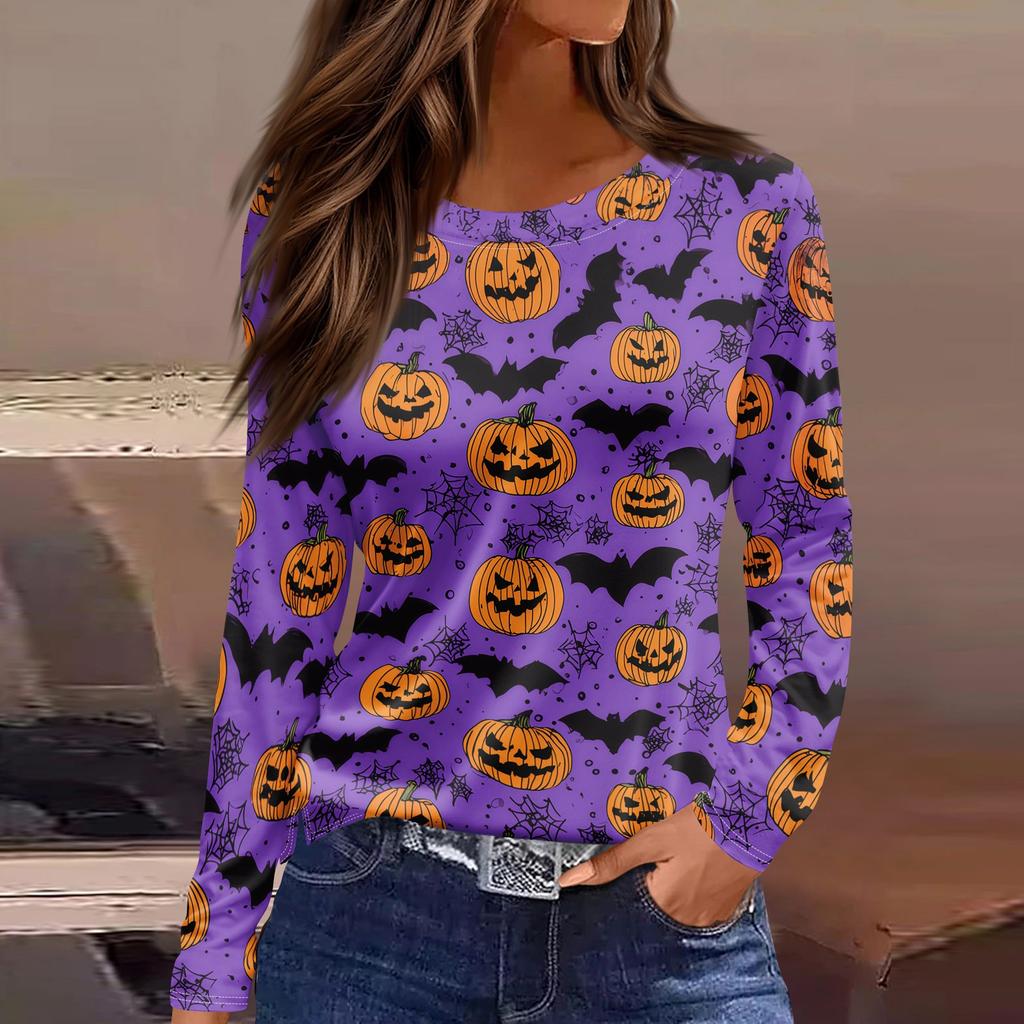 Women's Halloween Print Long Sleeve Top with Round Neck and Hem Slit