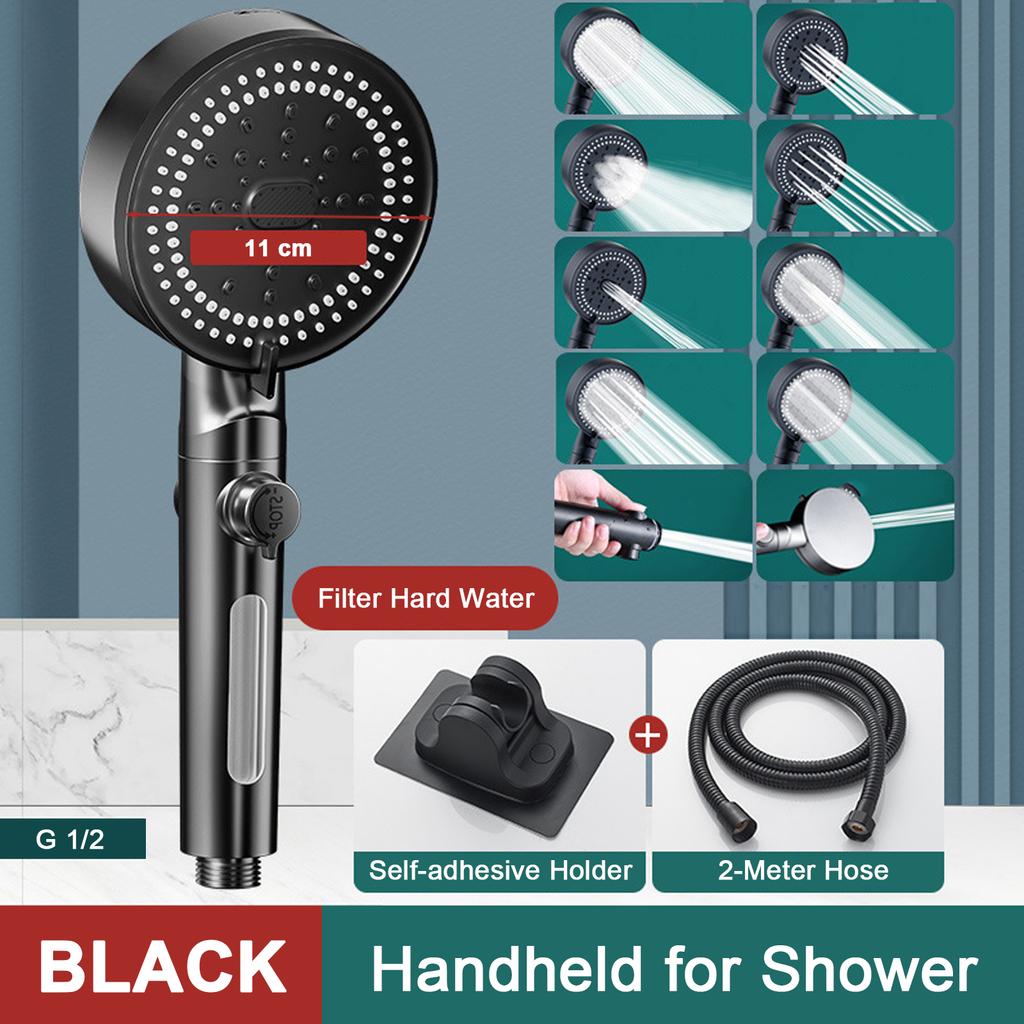 High Pressure Shower Head 5 Modes Handheld Adjustable Showerhead with Hose Water Saving One-Key Stop Spray Nozzle