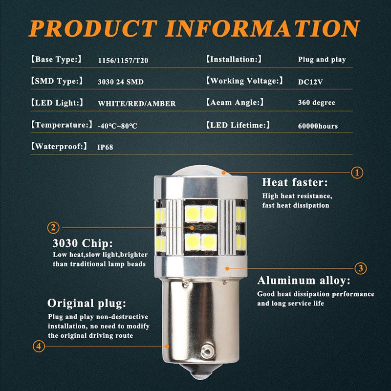 2PCS 1156 BA15S BAU15S LED Bulbs 3030 24SMD Signal Lamp PY21w Canbus Car Turn Signal Light Brake Backup Light 12V Universal
