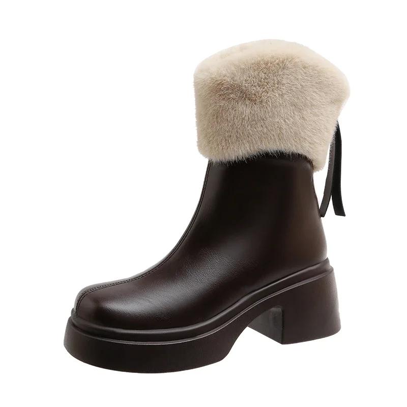Fashion High Quality Female Footwear 2024 Winter Simple Fashionable High Heel Women's Boots Comfortable and Warm Furry Modern Boots