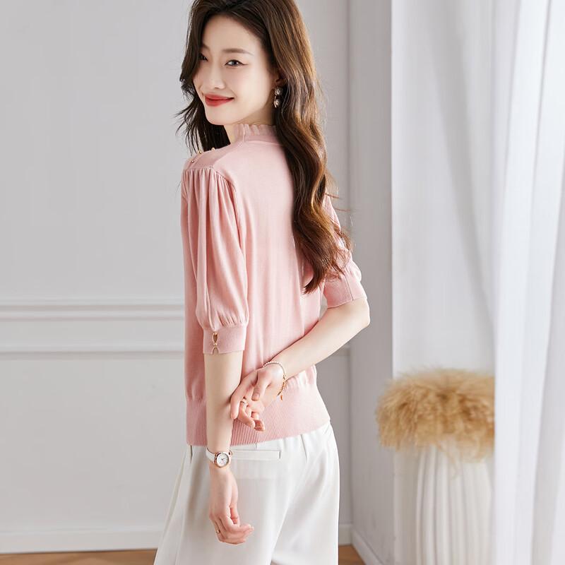 Women's Lightweight Merino Wool Beaded Half-Sleeve Knit Top