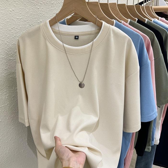 

Special Offer - Large Size Waffle Short Sleeve T-Shirt Women s Summer New Loose Versatile Crew Neck Contrast Color Half Sleeve Top Tide M абрикосовый