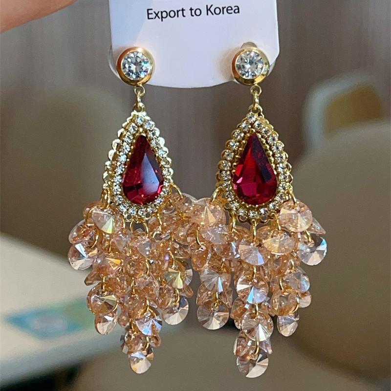 Diamond water drop glass fringed earrings light luxury stud earrings court style retro earrings