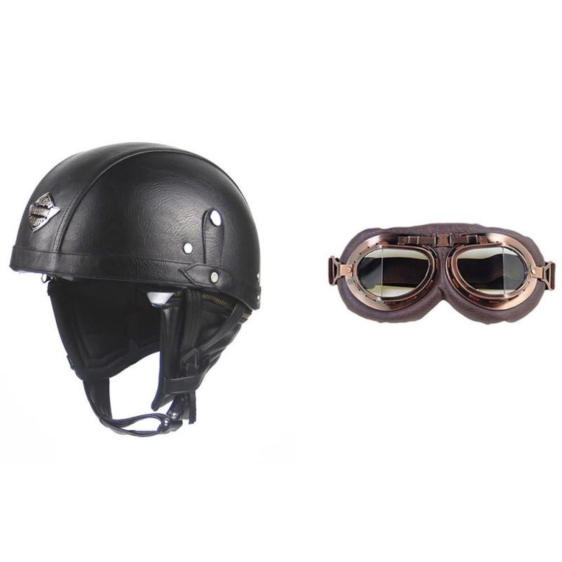 Retro Open Face Motorcycle Helmet Leather Cruiser Scooter Adult