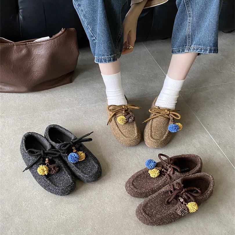 2025 new round toe platform matte flat outer wear commuter soft-soled women's singles shoes wool wool boxen shoes