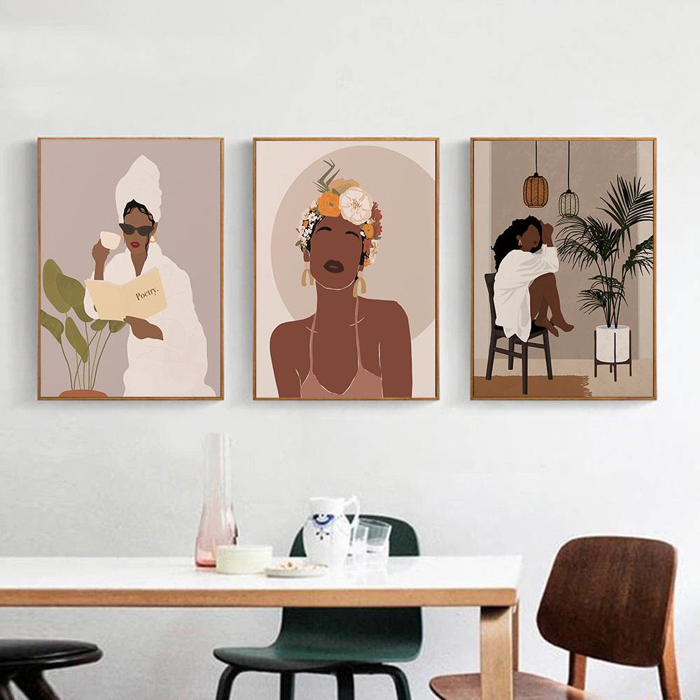 Fashion Black Girl Flowers Bathtub Leaf Abstract Wall Art Canvas Painting Boho Poster And Prints Pictures For Living Room Decor