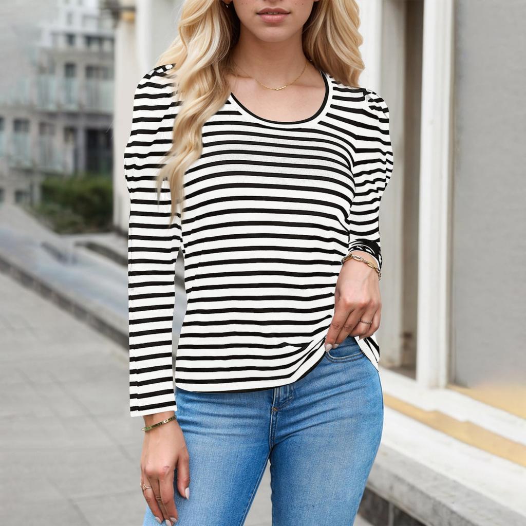 Women's Long Sleeve Lapel V Neck Striped Loose Tops Sweatshirt, Long Sleeve Color Block T-Shirt Casual Tops
