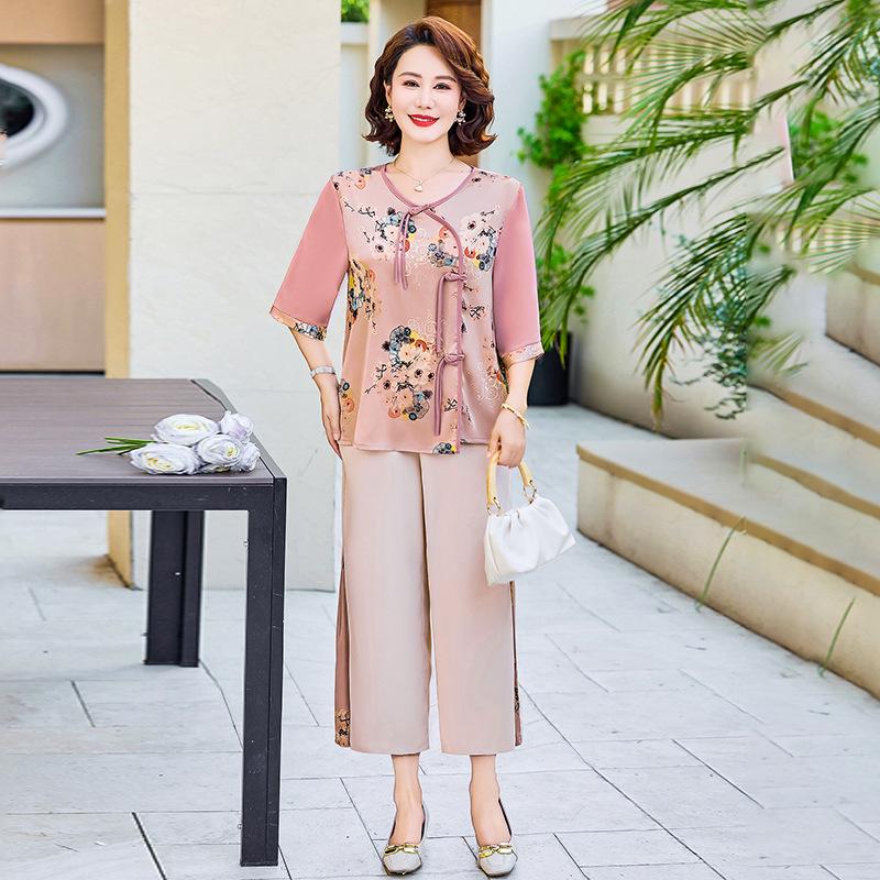 Elegant Chinese-Style Summer Two-Piece Outfit for Moms