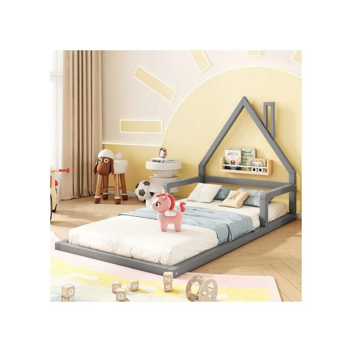 Lit d'enfant - MUVOE - 90x200cm - Pin massif - Forme maison - Gris