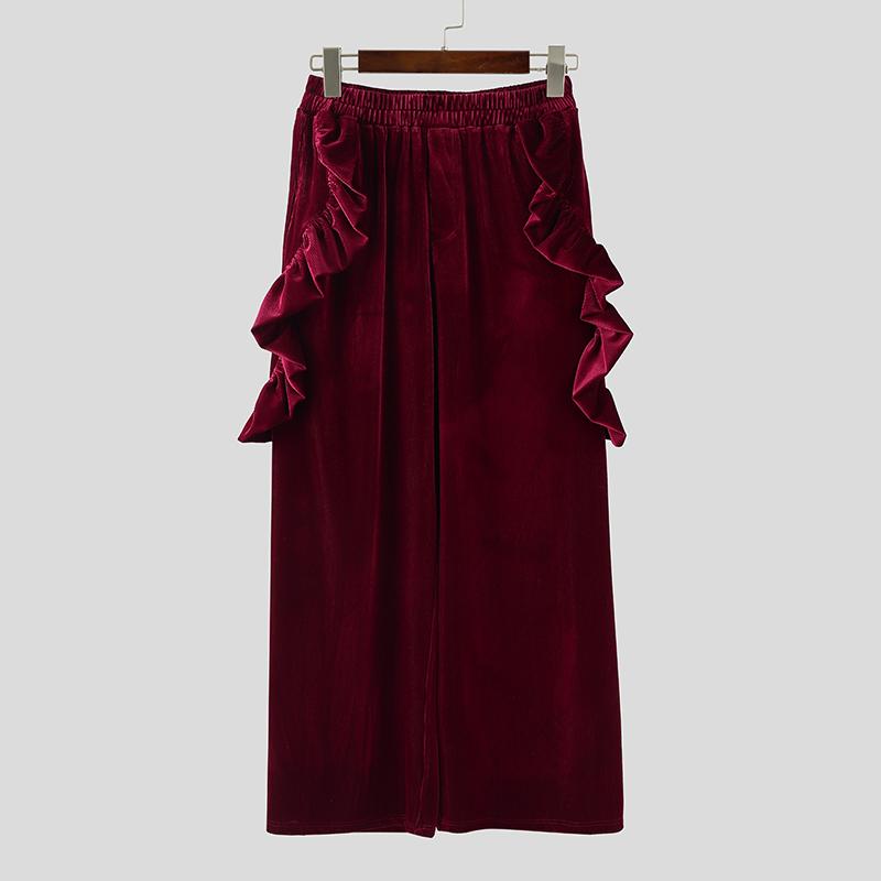 

INCERUN Осенние мужские брюки с эластичной талией, с рюшами, из бархата, повседневные, свободного кроя, длинные 5XL вино красного