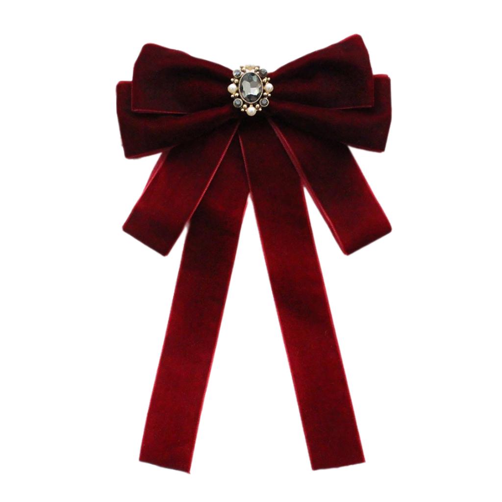 Elegant Women's Velvets Bows Tie Brooch Pin Pre Tied Bowknot Necktie with Rhinestones and Pearls Decors for Formal Event