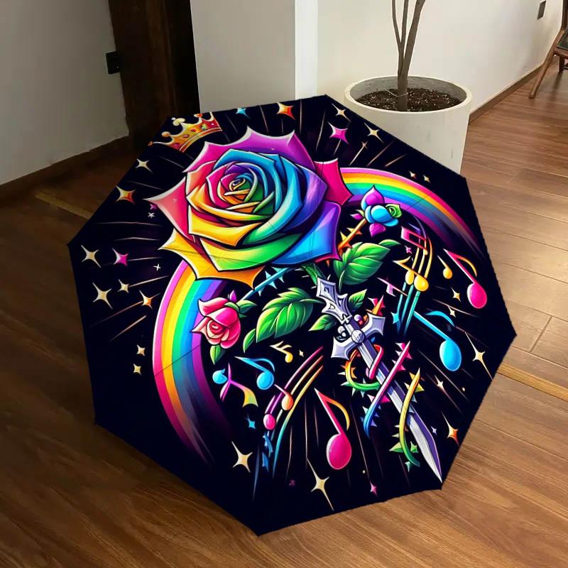 1pc Rainbow Rose with Crown and Music Notes Umbrella with Plastic Handle,Suitable for All Seasons Home Travel Outdoor UmbrellaDD1796