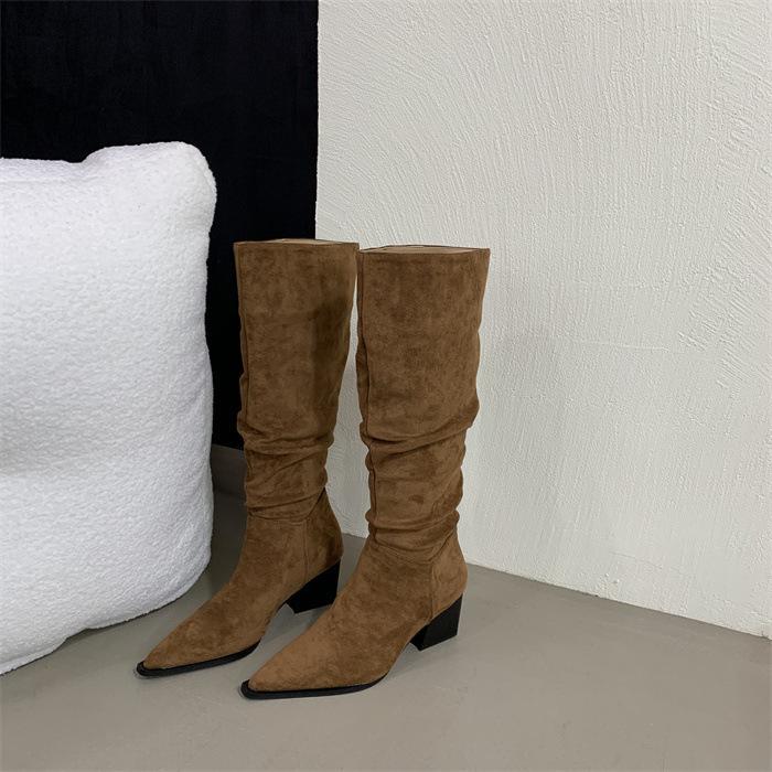 2025 autumn and winter new European and American fashion pointed thick heel pleated piled boots autumn and winter velvet high boots knight boots