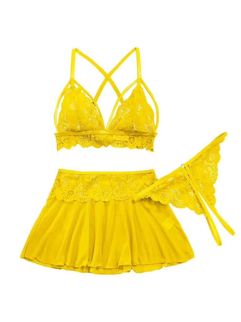 Sexy Mini Skirt with Thong Floral Lace Sheer Bralette Lingerie Set 3 Piece Otufits