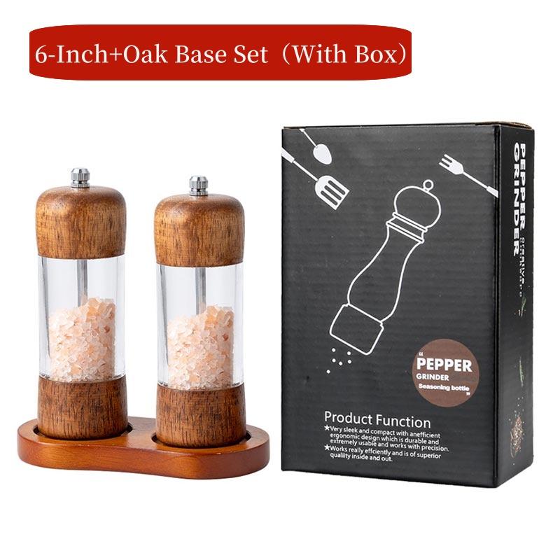 6/8Inch Manual Salt and Pepper Grinder,Solid Wood Spice Shaker Mill Tool With Base,Adjustable Ceramic Core Grinder Kitchen Tools