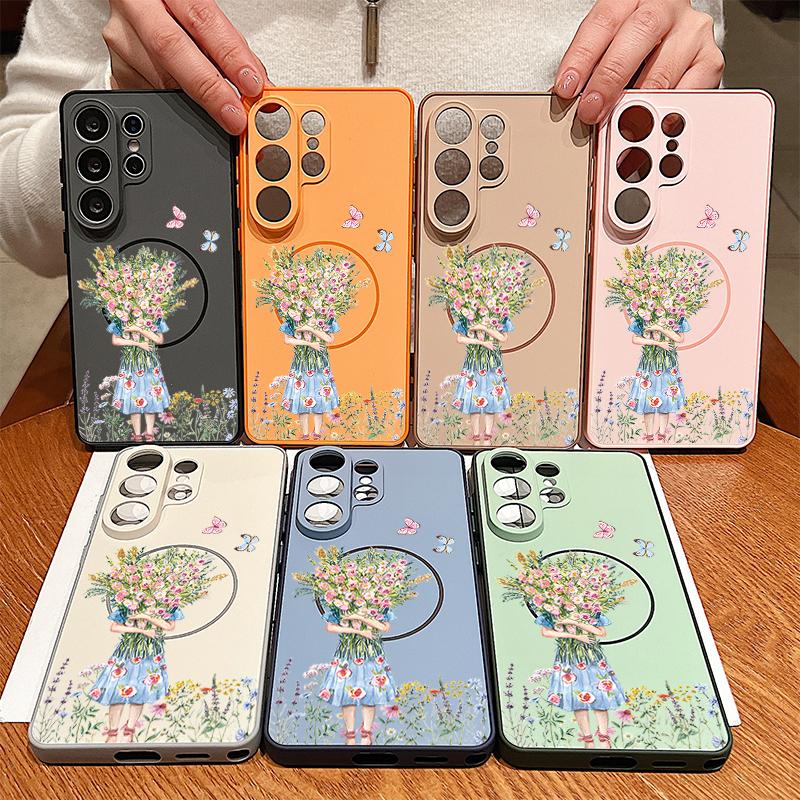 Cartoon Flower Girl Pattern Case For Samsung Galaxy S26 Ultra S25 Edge S24 Plus S23 FE S22 A54 A55 A56 5G Magnetic For Magsafe Matte Cover