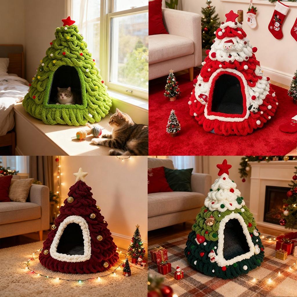 Handmade Christmas Tree House, Winter Warmth Indoor Bed with Random Decorations - No Included -Perfect Gift for S and Small Dogs