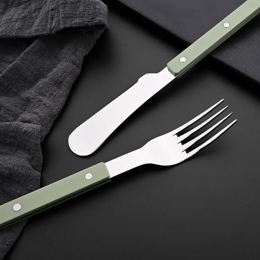 1/4/6Set Acrylic Handle Knife Fork Set Stainless Steels Dinner Cutlery Set Green Silver Western Dinnerware Home Kitchen Flatware