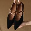 Plus Size 34-42 Women's Natural Suede Leather Sheepskin Patchwork Kitten Heel Pointed Toe Mary Jane Pumps Elegant Ladies Heels