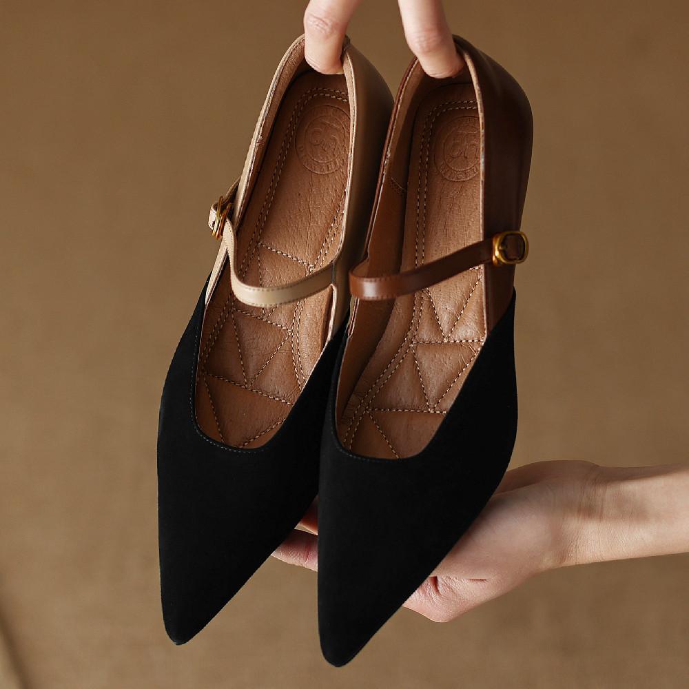 Plus Size 34-42 Women's Natural Suede Leather Sheepskin Patchwork Kitten Heel Pointed Toe Mary Jane Pumps Elegant Ladies Heels
