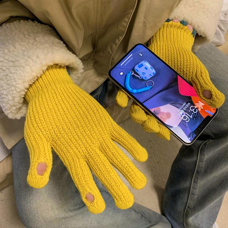 Autumn And Winter  Wool Knitted Gloves Fingerless Women'S Solid Color Warm Windproof Cycling Gloves With Touch Screen