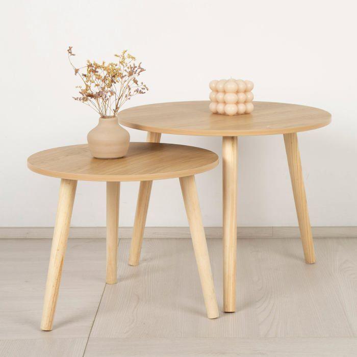Tables d'appoint en bois - AKTIVE - Lot de 2 - D 40 x 44 cm - D 50 x 50 cm - Bois naturel - Capacité 5 kg - Rustique