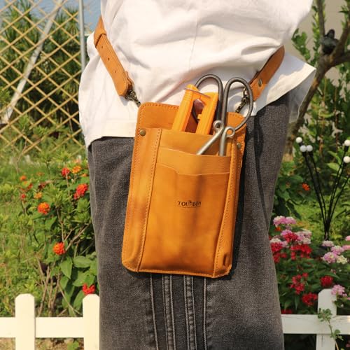 TOURBON Gardening Pouch, Pruning Shears Pouch, Leather Scissor Case Bag, Gardening, Florist, Waist Pouch, with Shoulder Strap (Light Brown)