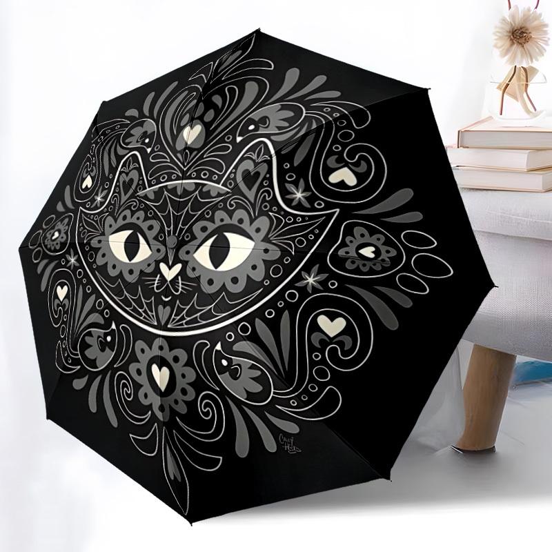 1pc Cat Mandala Automatic Open/Close Umbrella, Windproof, Folding Compact Umbrella with Lightweight Design for Women/Men029