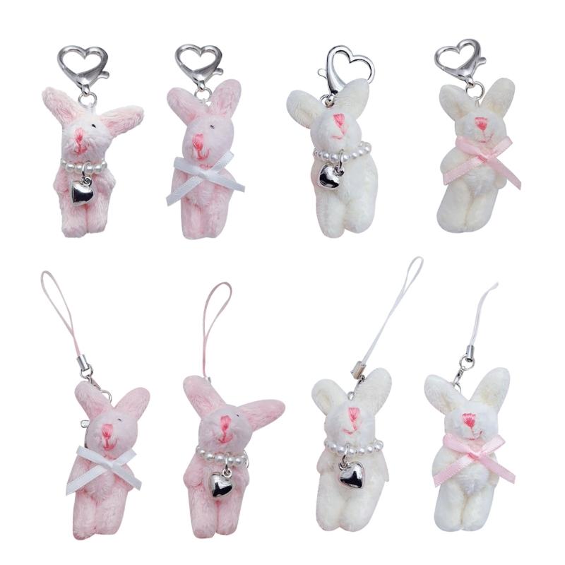Key Holder for Students Heart Rabbit Keyring Phone Lanyard Mobile Phone Strap