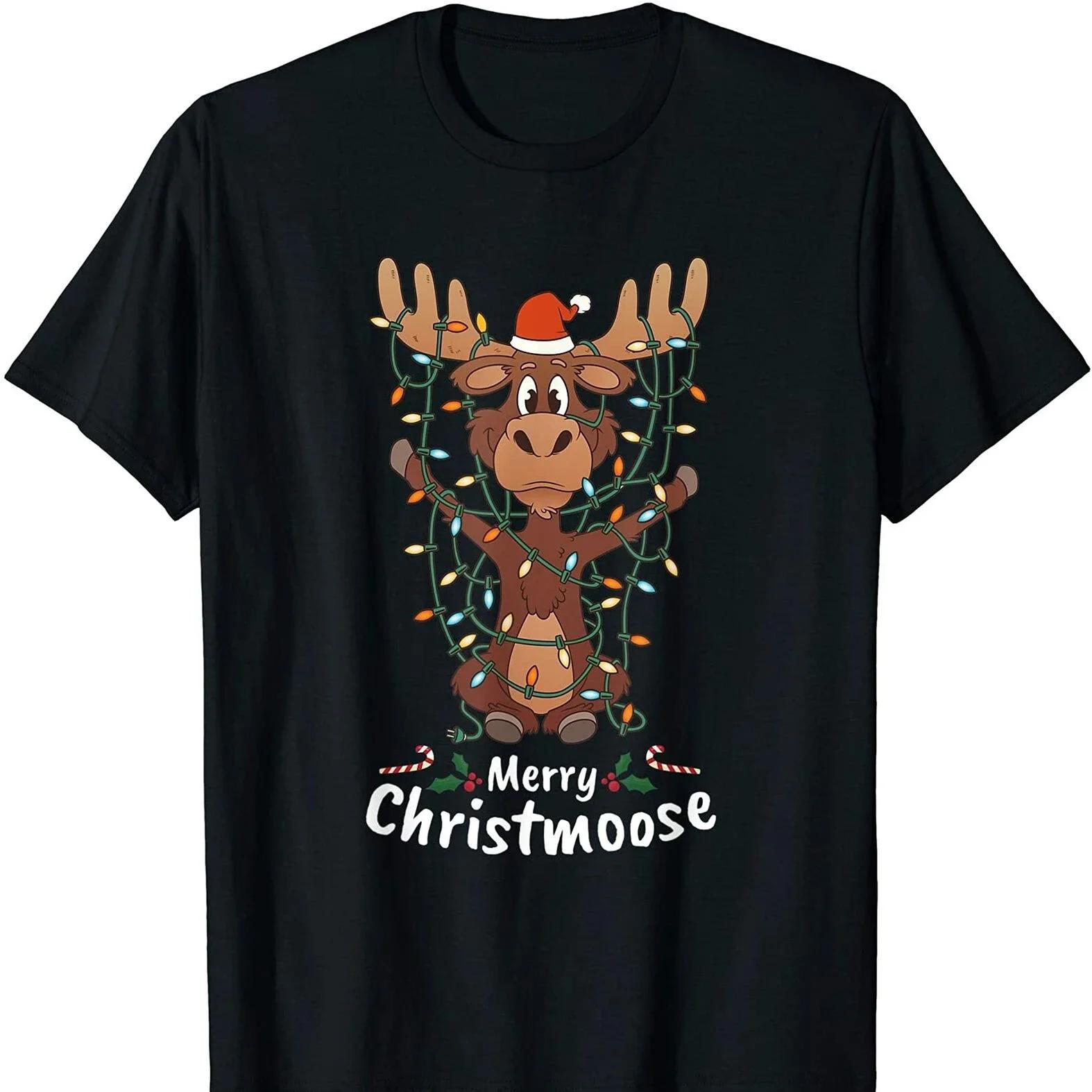 Christmas Moose Xmas Tree Lights Funny Merry Christmoose TShirt 100 Cotton ONeck Short Sleeve Summer Casual Mens Tshirt S