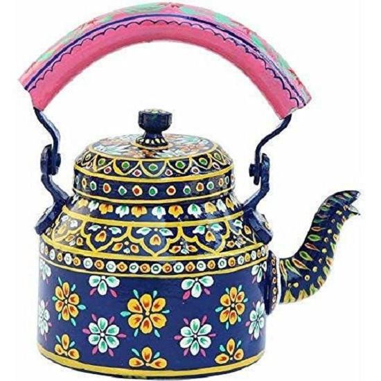 Handpainted Aluminum Kettle Tea Pot for Serving (Blue)