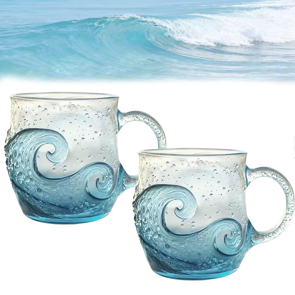 1/2pcs Sea Glass Wave Cup Glass Mug Wave Design Ocean Texture Cup Unique Coffee Hand Glass Theme Blown Mug Wave Wave Beach E3E7