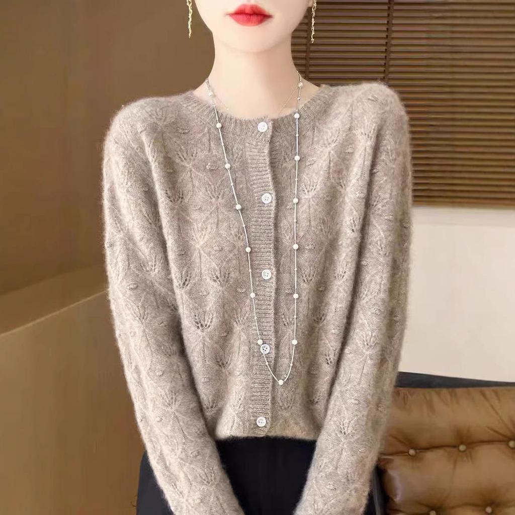 2024 Early Autumn Women's Merino Wool Round Neck Knit Cardigan with Hollow Details