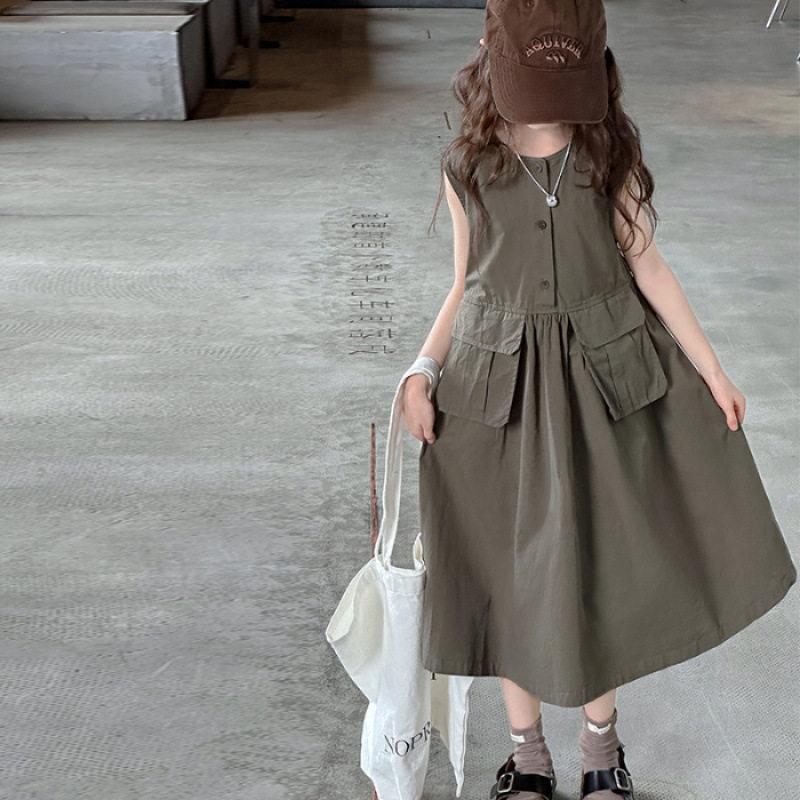 Girls Summer Sleeveless A Line Dress Casual Utility Vest Dress For Big Kids 120