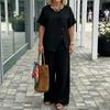Women's Casual Two Piece Set Linen Fabric Asymmetric Button Detail Top Wide Leg Pants Relaxed Fit Lightweight Summer Outfit
