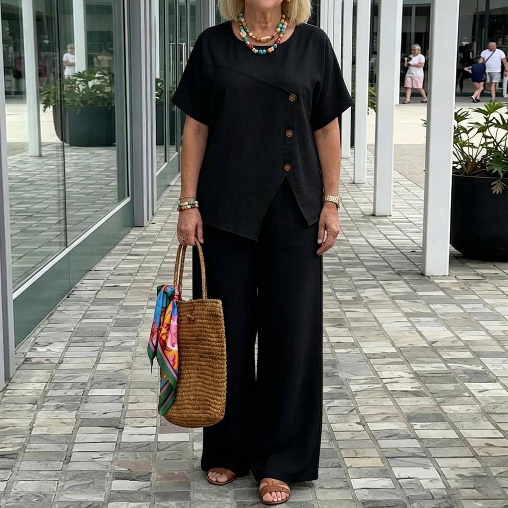 Women's Casual Two Piece Set Linen Fabric Asymmetric Button Detail Top Wide Leg Pants Relaxed Fit Lightweight Summer Outfit