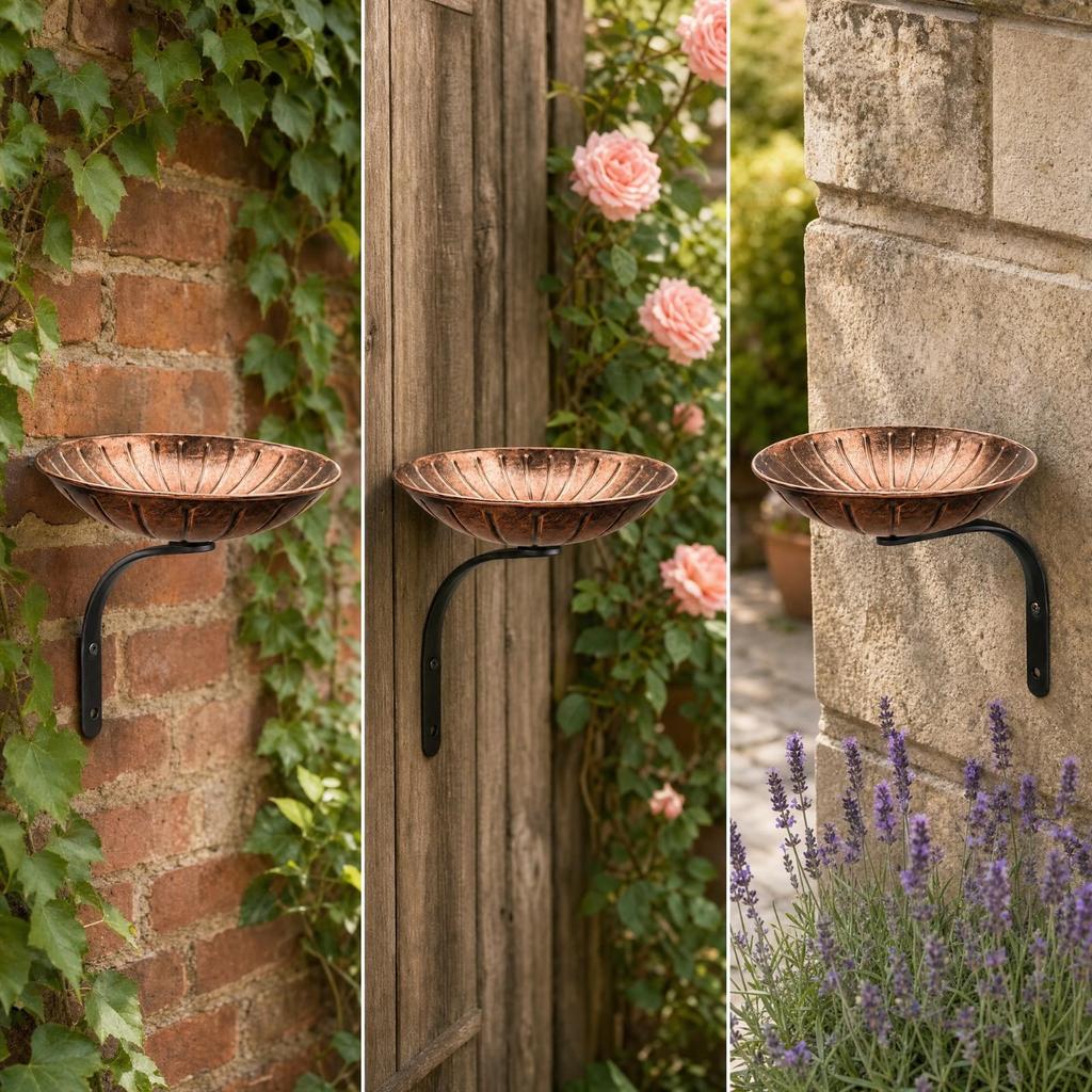 Fluted Round Birdbath Bowl with Wall Mount Raised Rim WallMounted Metal Bracket Sturdy