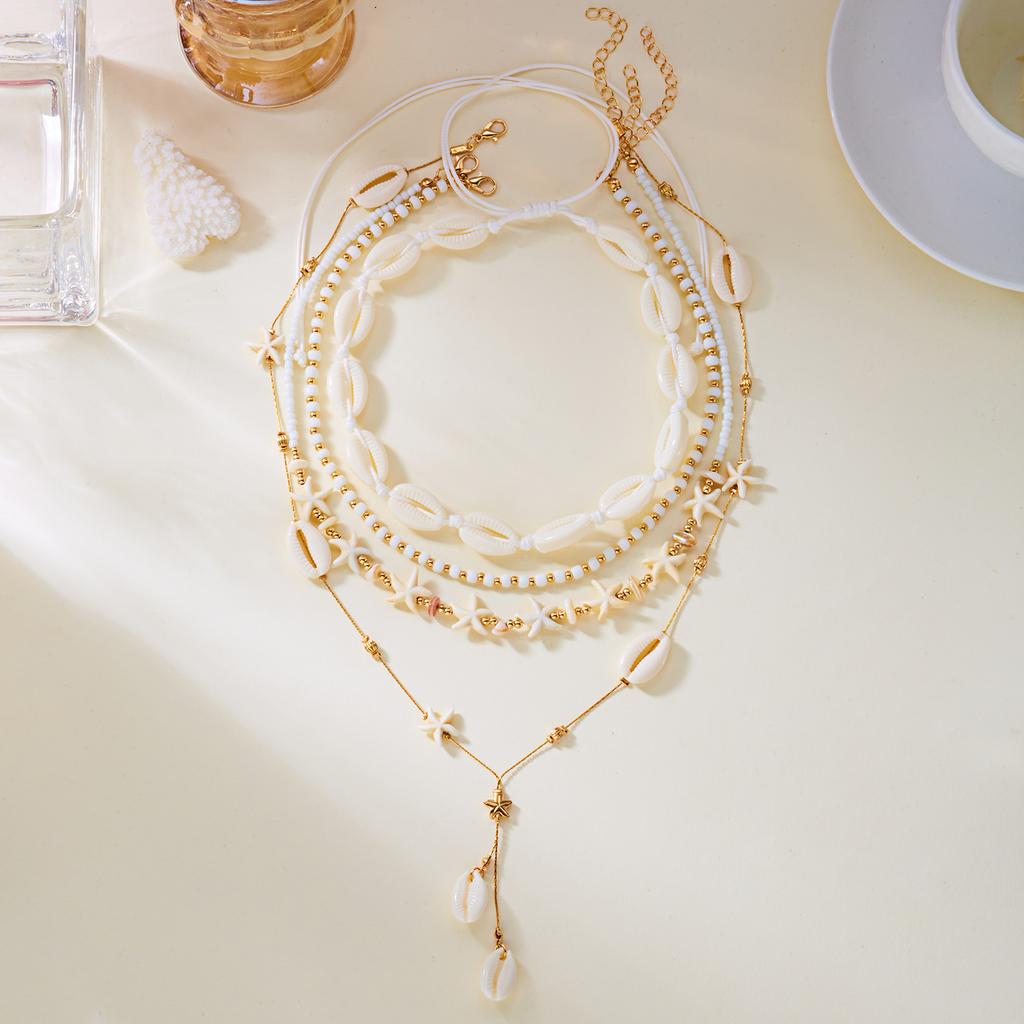 Bohemian Shell Starfish Layered Y-shaped Necklace Set for Women Trendy Imitation Pearl Choker Chain Beach Party Jewelry Gift