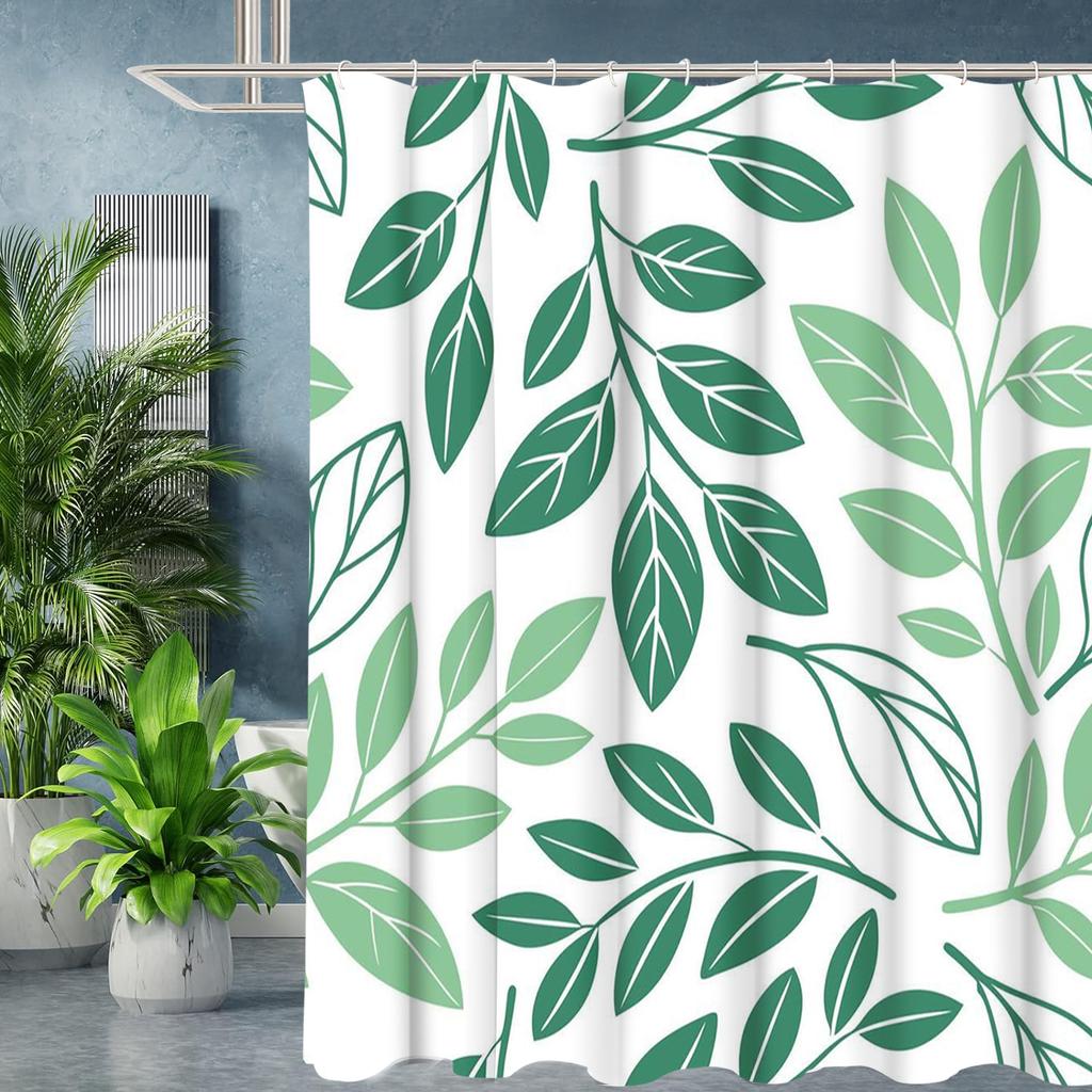 Green Plant Leave Pattern Bathing Curtain  Bathroom Shower Curtain Waterproof With 12 Hooks Home Deco Free Ship